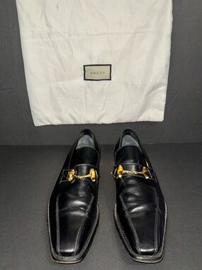 Gucci Black Leather Horsebit Square-Toe Loafers